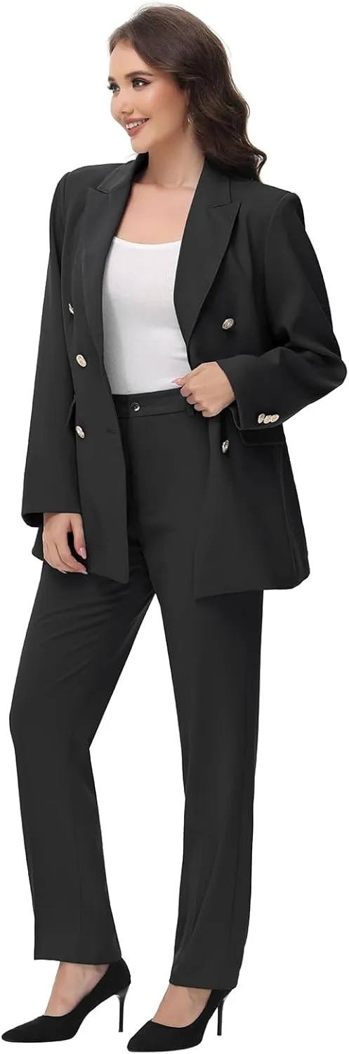 Lamgool Women Pants Suit Double Breasted 2 Piece Blazer Set Work Casual Jacket Outfits for Business
