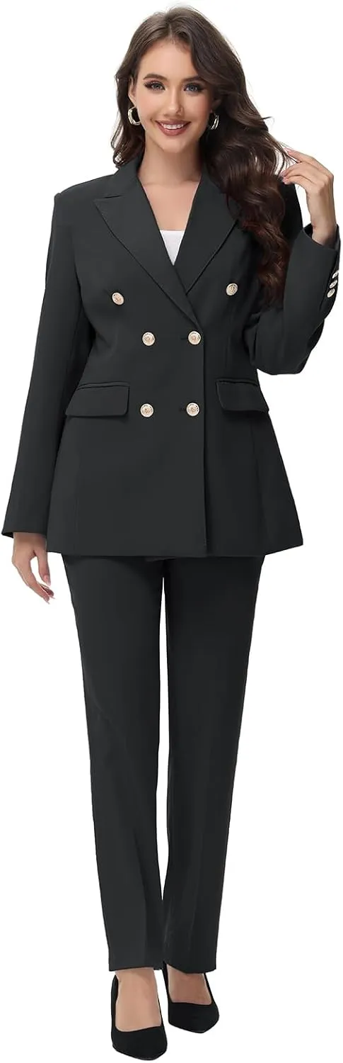 Lamgool Women Pants Suit Double Breasted 2 Piece Blazer Set Work Casual Jacket Outfits for Business