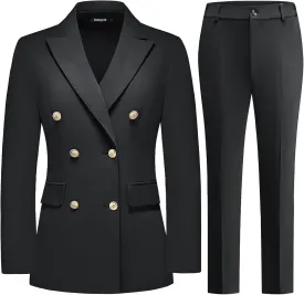 Lamgool Women Pants Suit Double Breasted 2 Piece Blazer Set Work Casual Jacket Outfits for Business
