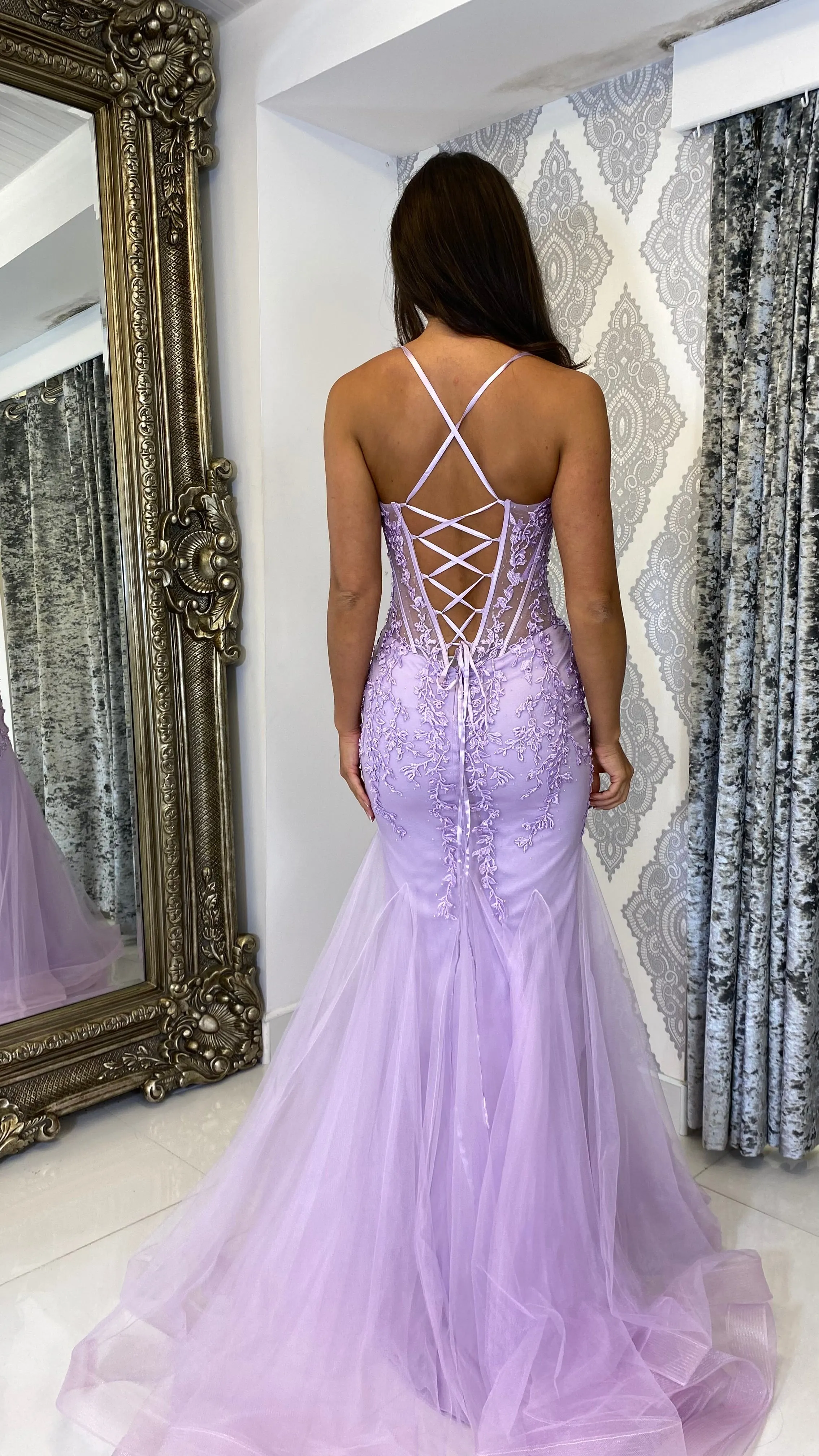 Lilac Lace Corset Fishtail Full Length Gown