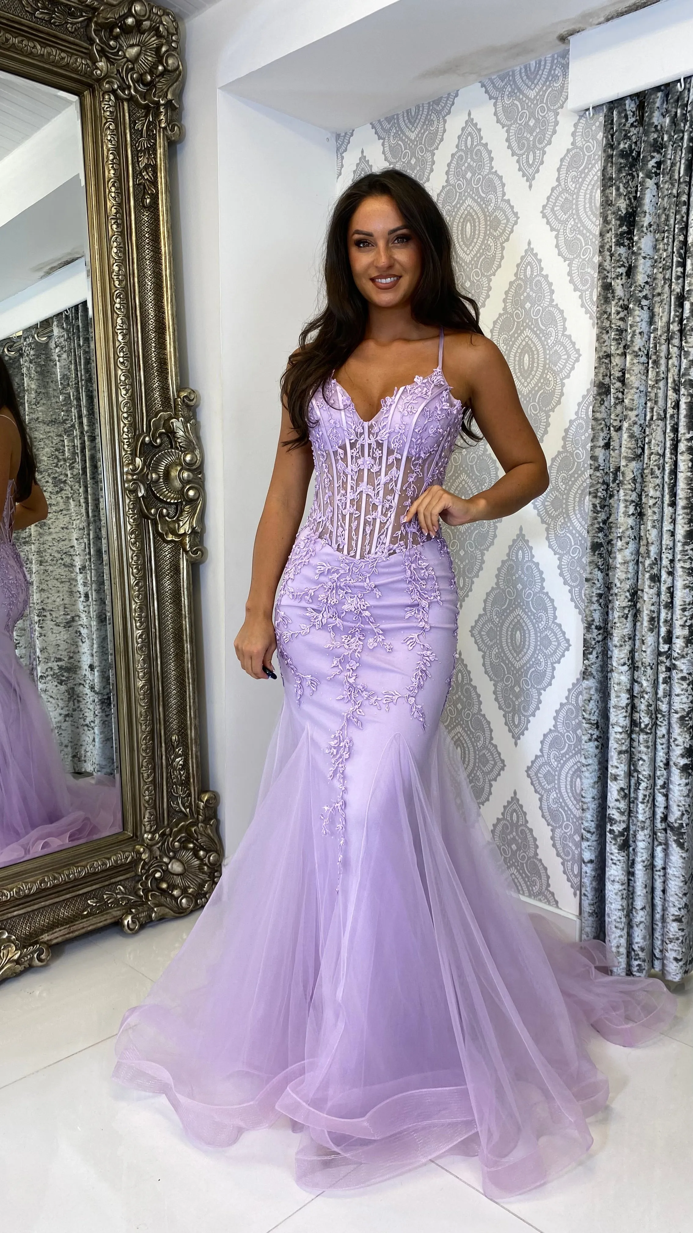Lilac Lace Corset Fishtail Full Length Gown