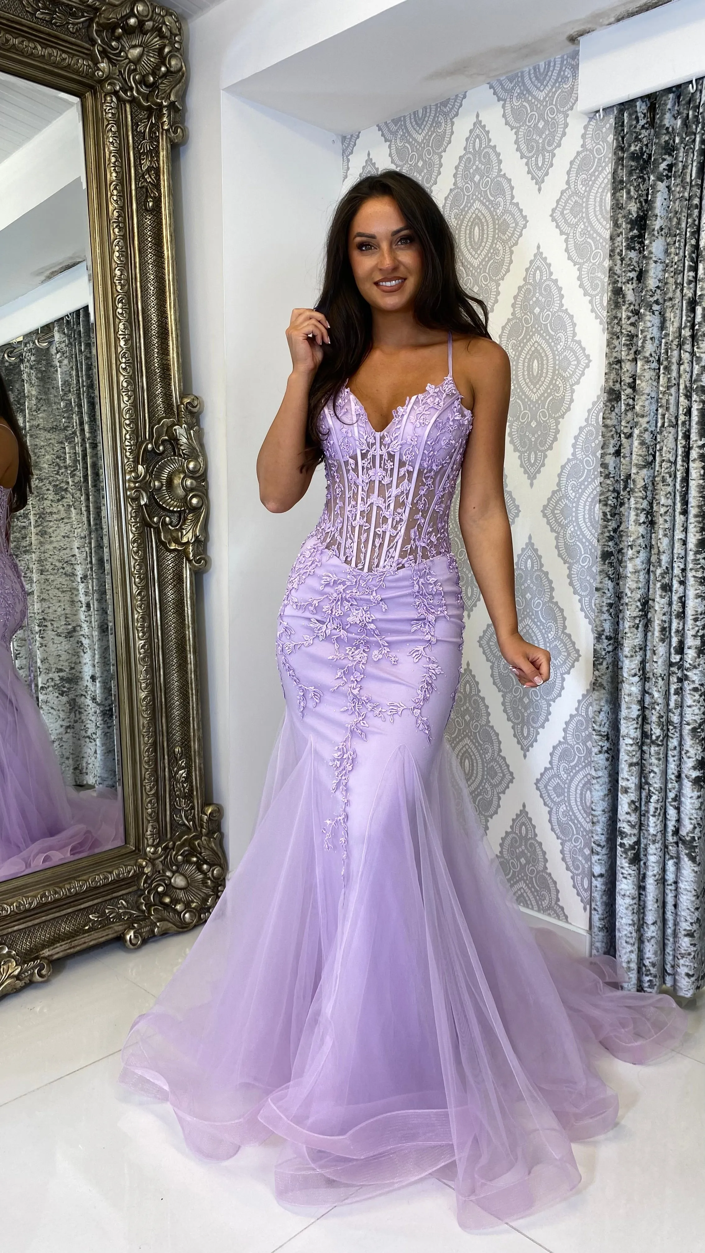 Lilac Lace Corset Fishtail Full Length Gown