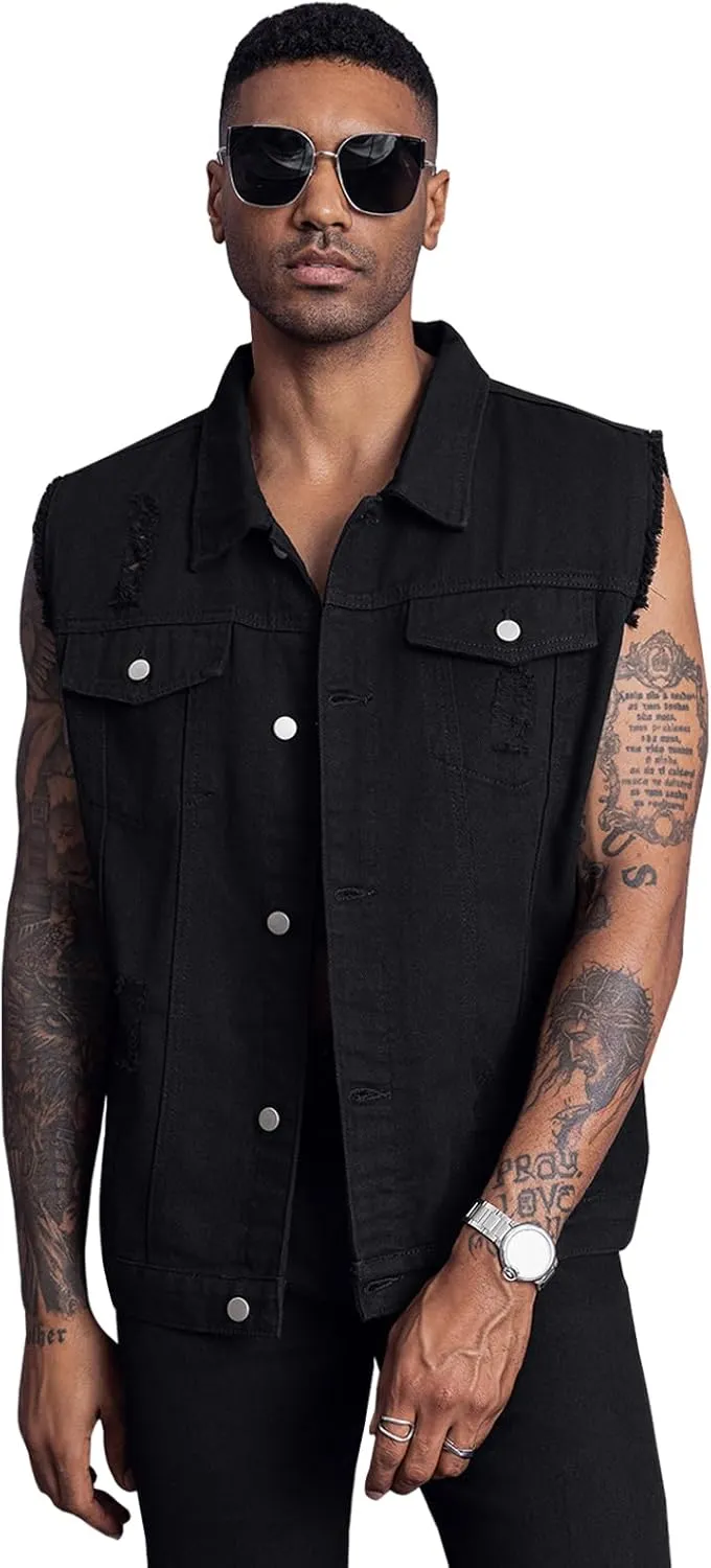 LONGBIDA Men's Denim Vest Sleeveless Ripped Slim fit Distressed Jean Jacket