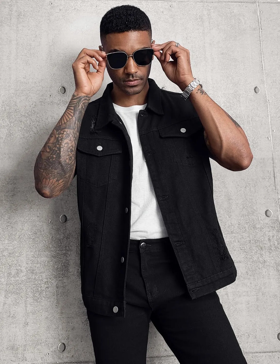 LONGBIDA Men's Denim Vest Sleeveless Ripped Slim fit Distressed Jean Jacket