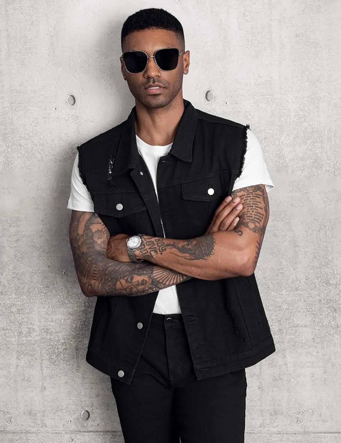 LONGBIDA Men's Denim Vest Sleeveless Ripped Slim fit Distressed Jean Jacket