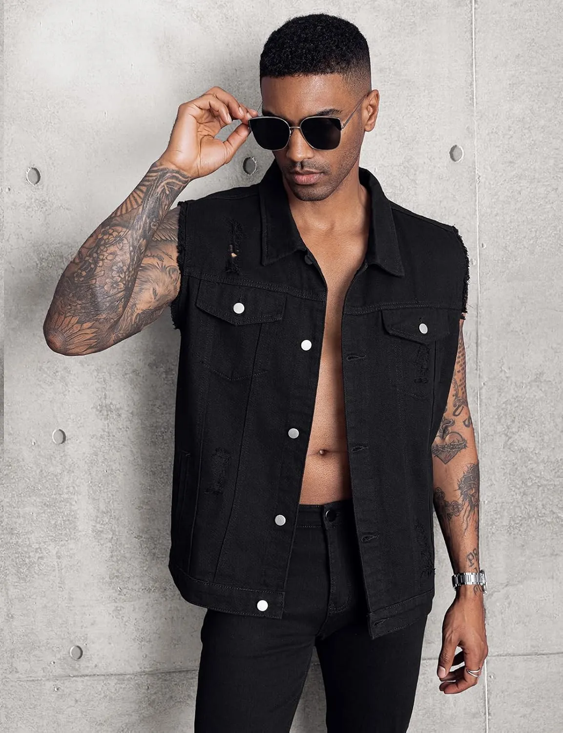 LONGBIDA Men's Denim Vest Sleeveless Ripped Slim fit Distressed Jean Jacket