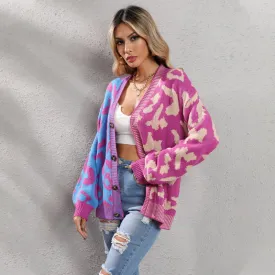 Lucia Single Breasted Street Panel Leopard Print Oversized Knit Cardigan Sweater