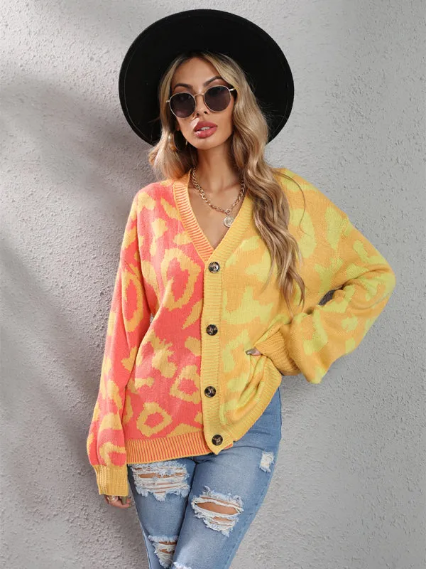Lucia Single Breasted Street Panel Leopard Print Oversized Knit Cardigan Sweater
