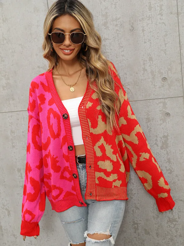 Lucia Single Breasted Street Panel Leopard Print Oversized Knit Cardigan Sweater