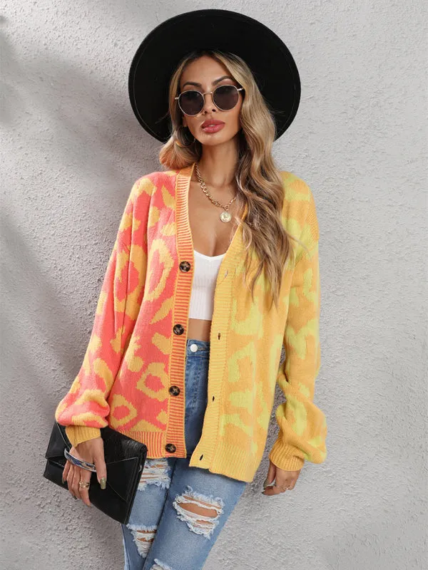 Lucia Single Breasted Street Panel Leopard Print Oversized Knit Cardigan Sweater