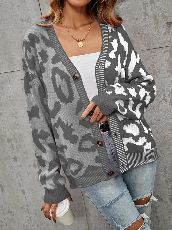 Lucia Single Breasted Street Panel Leopard Print Oversized Knit Cardigan Sweater