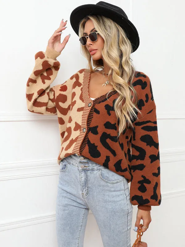 Lucia Single Breasted Street Panel Leopard Print Oversized Knit Cardigan Sweater