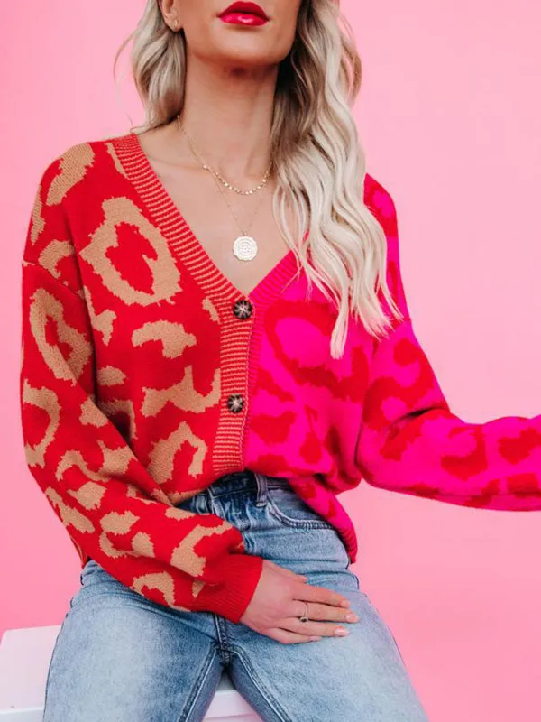 Lucia Single Breasted Street Panel Leopard Print Oversized Knit Cardigan Sweater