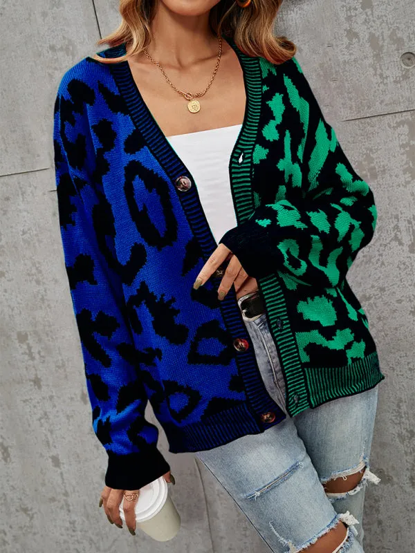 Lucia Single Breasted Street Panel Leopard Print Oversized Knit Cardigan Sweater