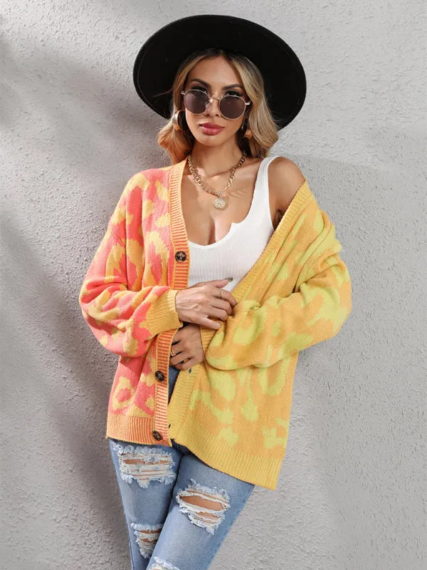 Lucia Single Breasted Street Panel Leopard Print Oversized Knit Cardigan Sweater