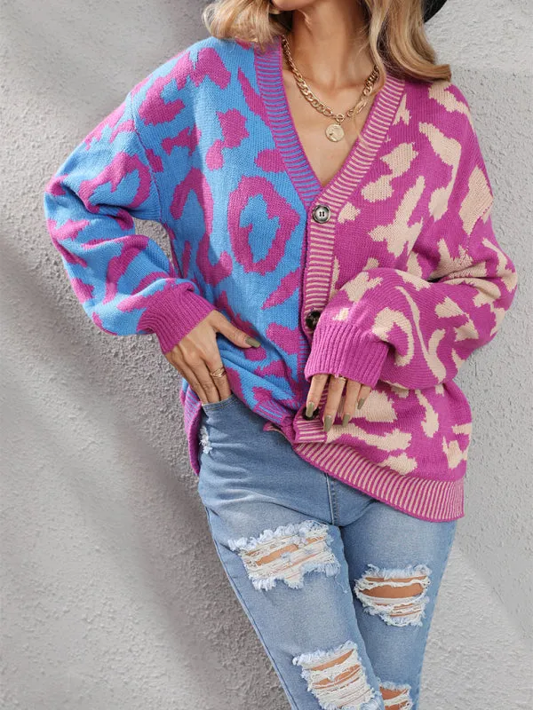Lucia Single Breasted Street Panel Leopard Print Oversized Knit Cardigan Sweater