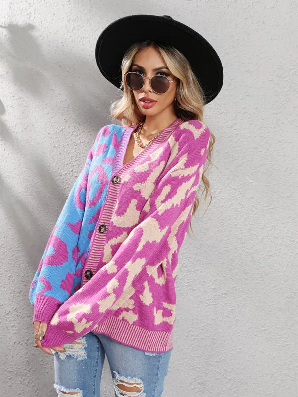 Lucia Single Breasted Street Panel Leopard Print Oversized Knit Cardigan Sweater