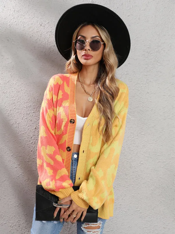 Lucia Single Breasted Street Panel Leopard Print Oversized Knit Cardigan Sweater