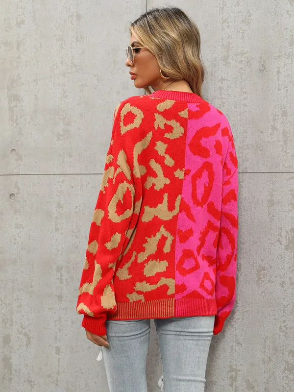 Lucia Single Breasted Street Panel Leopard Print Oversized Knit Cardigan Sweater