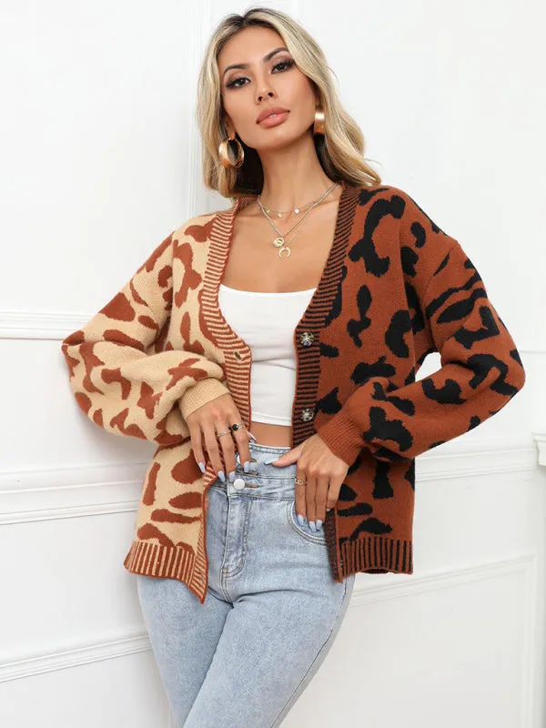 Lucia Single Breasted Street Panel Leopard Print Oversized Knit Cardigan Sweater