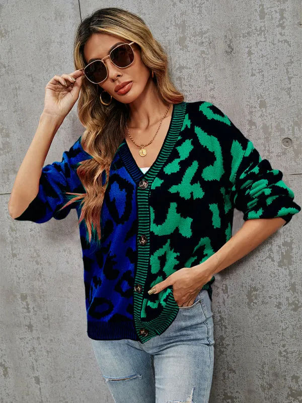 Lucia Single Breasted Street Panel Leopard Print Oversized Knit Cardigan Sweater