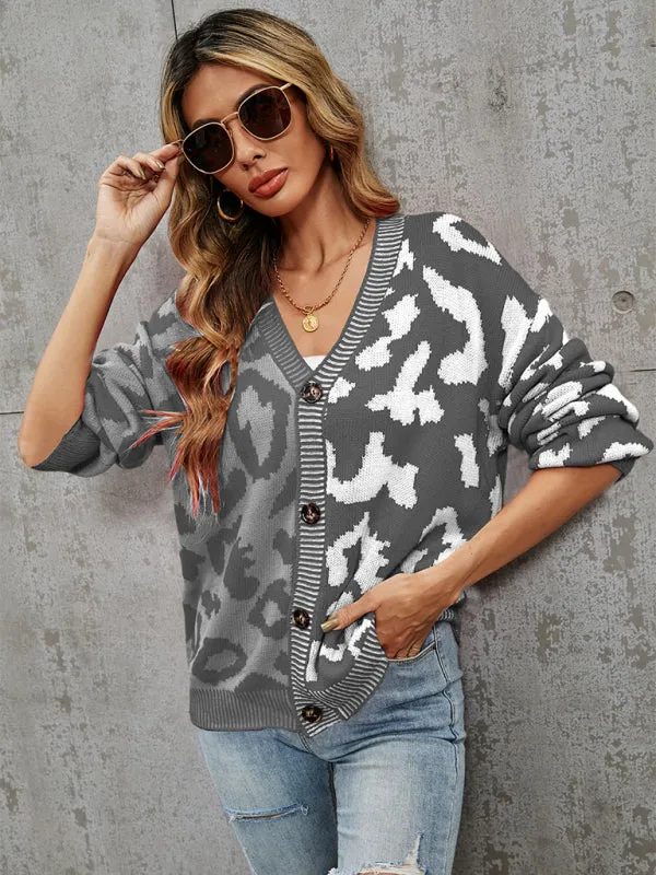 Lucia Single Breasted Street Panel Leopard Print Oversized Knit Cardigan Sweater