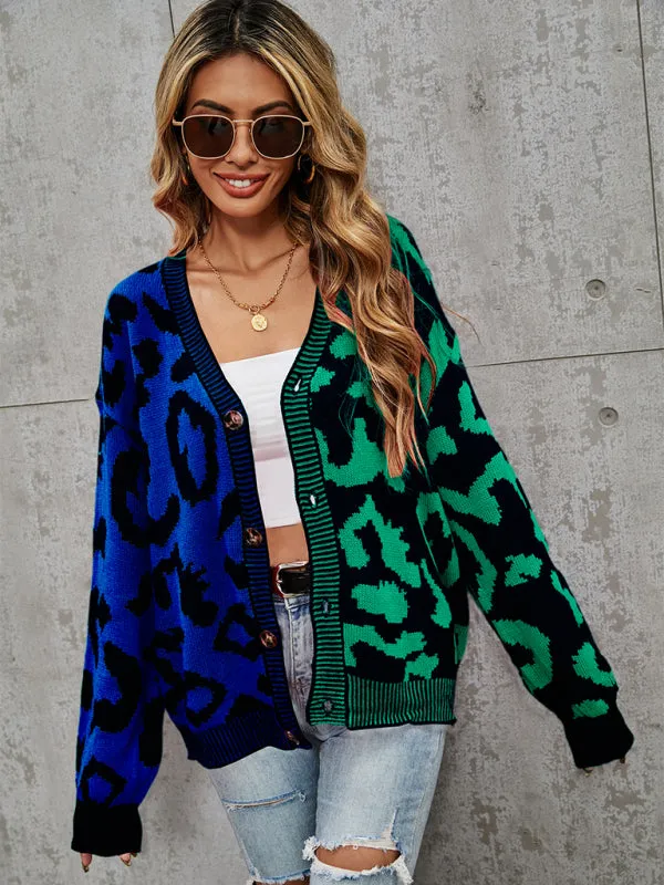 Lucia Single Breasted Street Panel Leopard Print Oversized Knit Cardigan Sweater