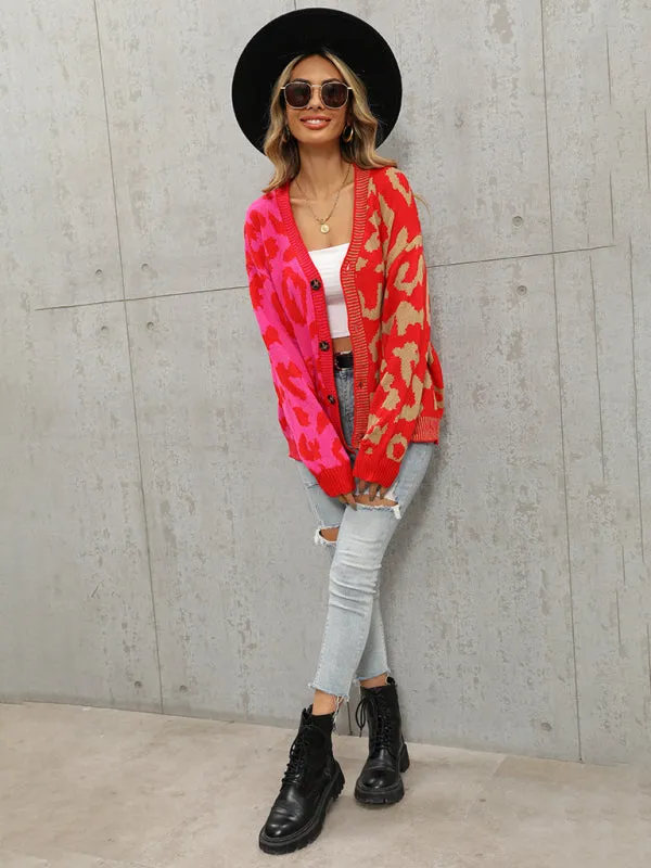 Lucia Single Breasted Street Panel Leopard Print Oversized Knit Cardigan Sweater