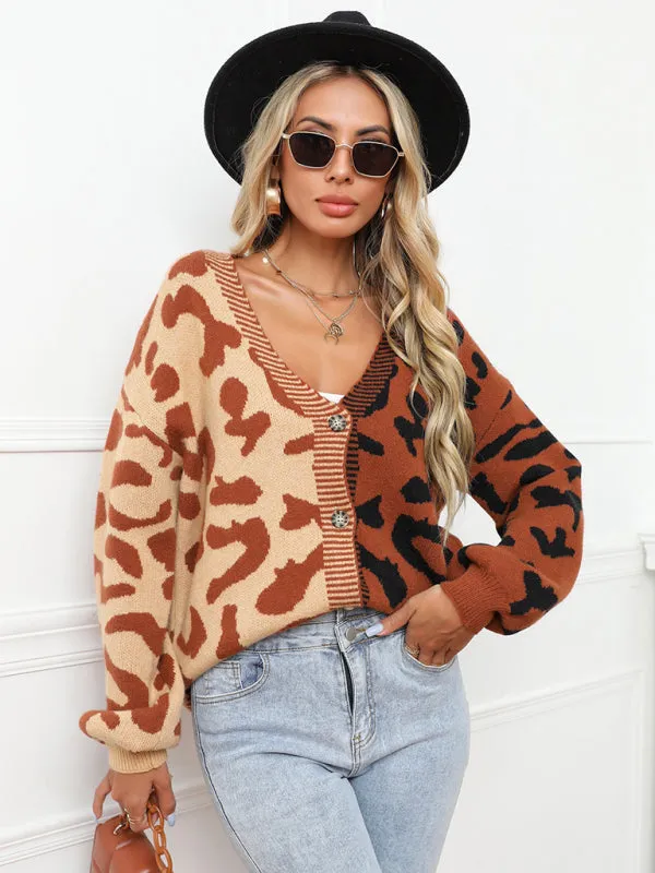 Lucia Single Breasted Street Panel Leopard Print Oversized Knit Cardigan Sweater