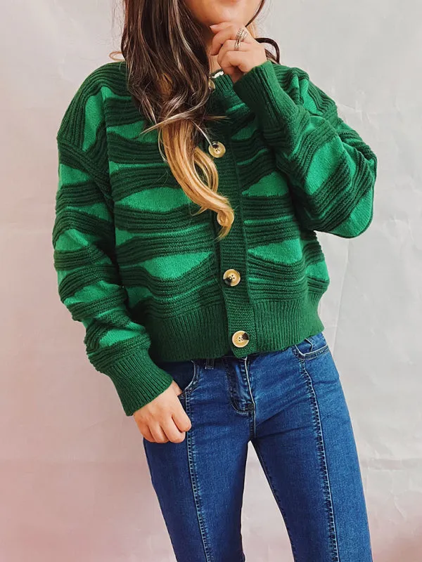 Maribel Striped Contrast Single Breasted Crewneck Cropped Cardigan