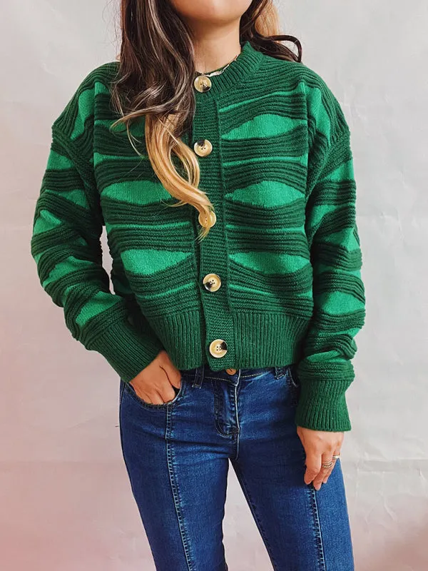 Maribel Striped Contrast Single Breasted Crewneck Cropped Cardigan