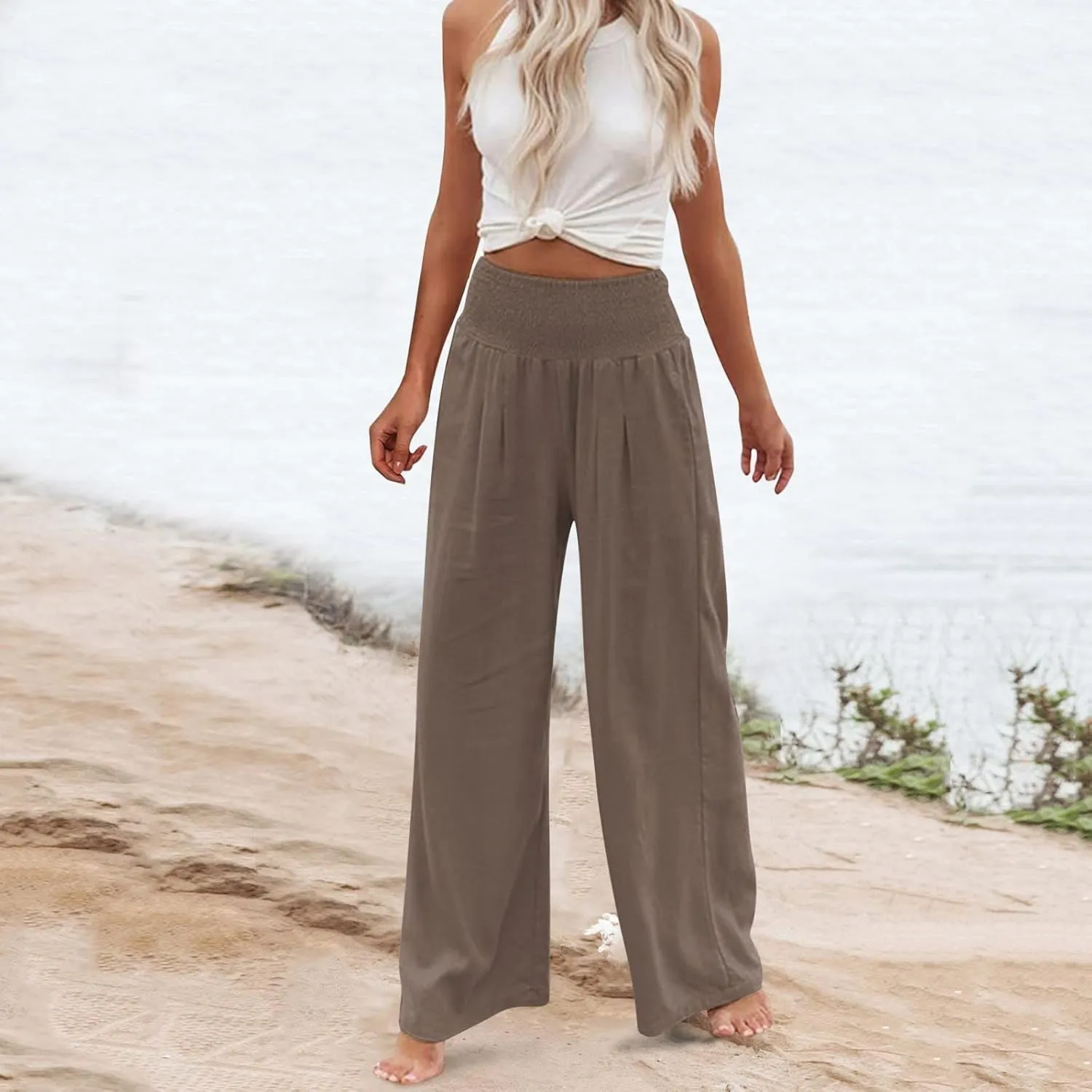 Maternity Pants for Women Cotton Linen Flowy Lounge Work Pant Summer Boho High Waisted Wide Leg Pant Beach Holiday
