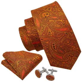 Men's Golden Yellow And Orange Paisley 100% Silk Neck Tie With Matching Hanky And Cufflinks Set
