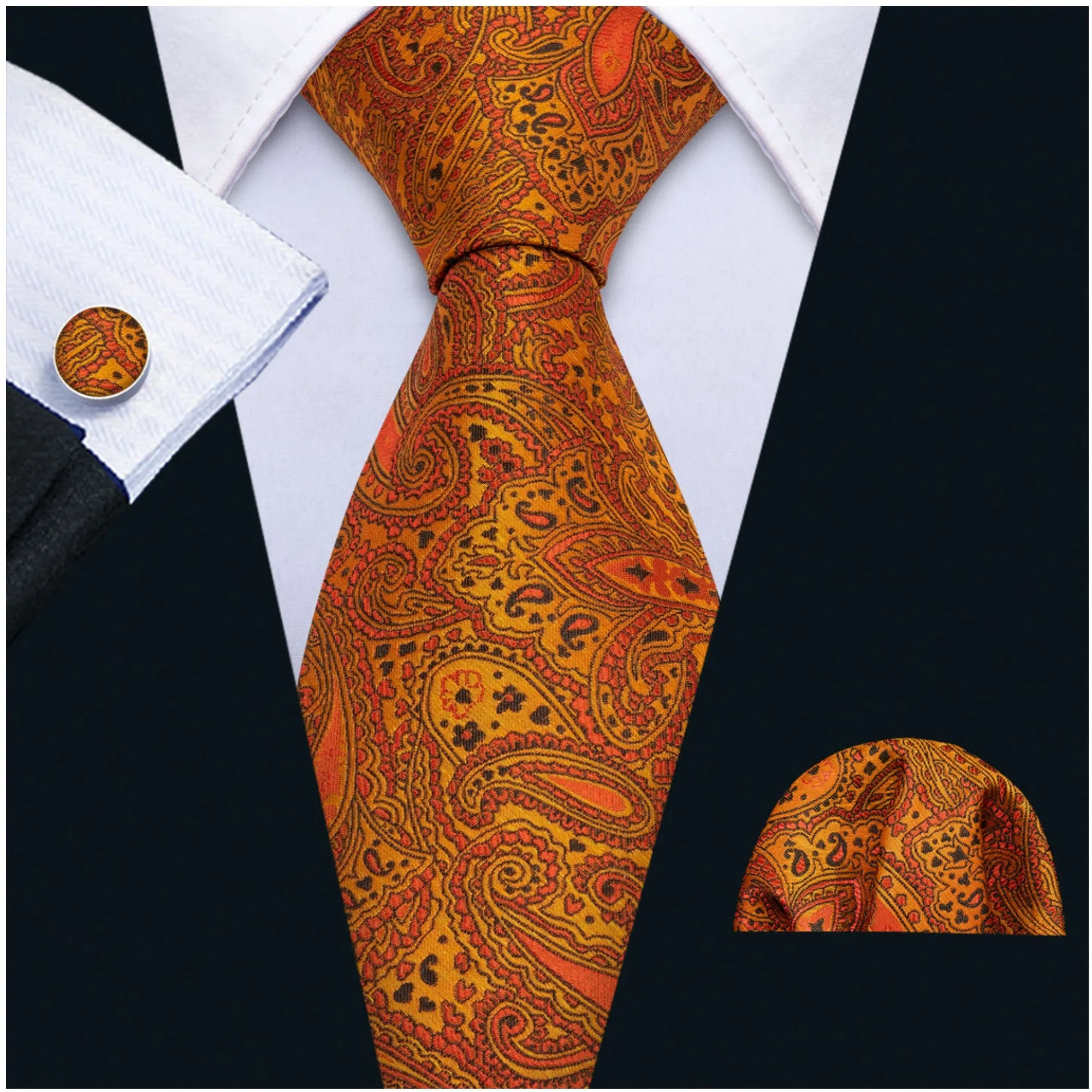 Men's Golden Yellow And Orange Paisley 100% Silk Neck Tie With Matching Hanky And Cufflinks Set
