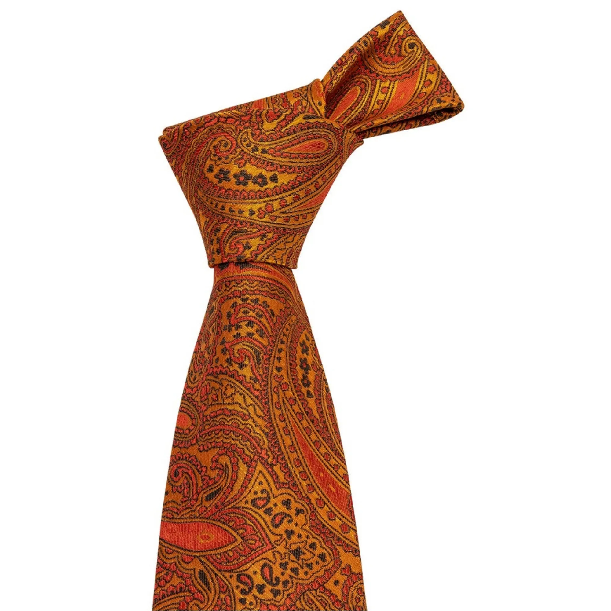 Men's Golden Yellow And Orange Paisley 100% Silk Neck Tie With Matching Hanky And Cufflinks Set