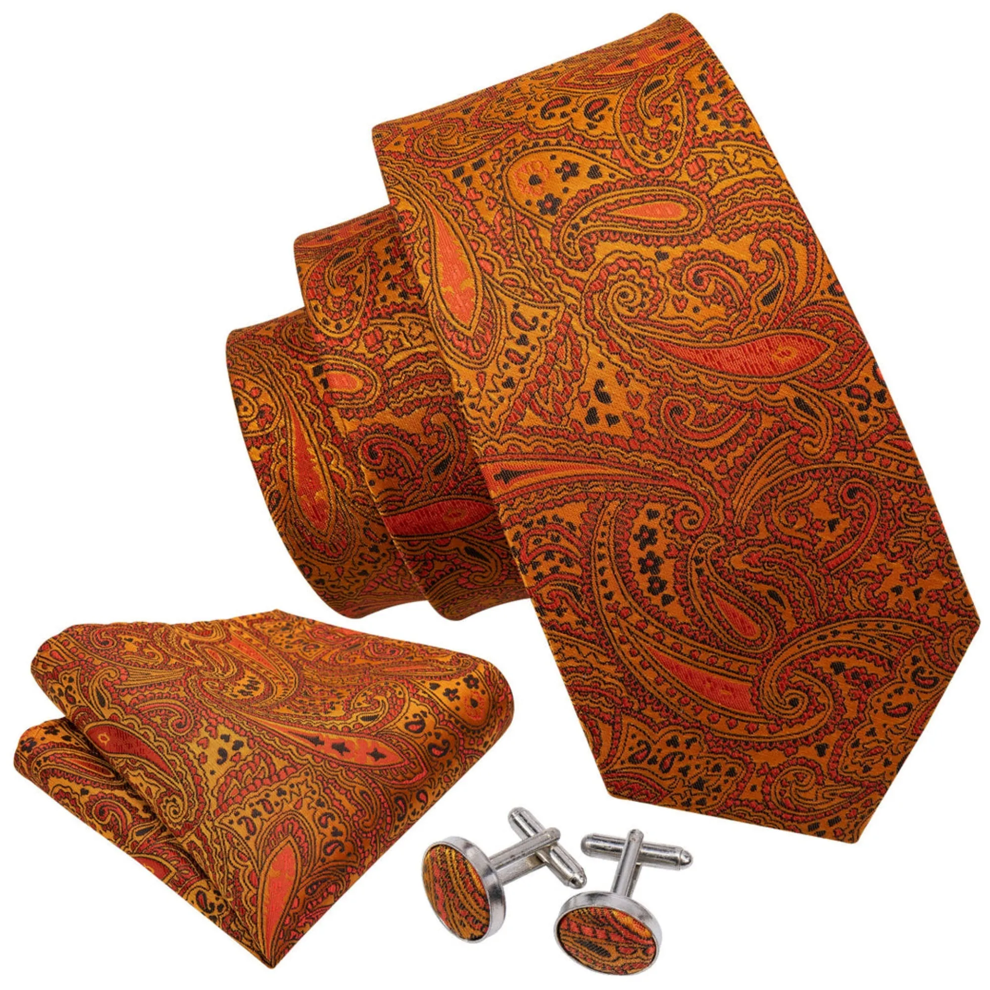 Men's Golden Yellow And Orange Paisley 100% Silk Neck Tie With Matching Hanky And Cufflinks Set