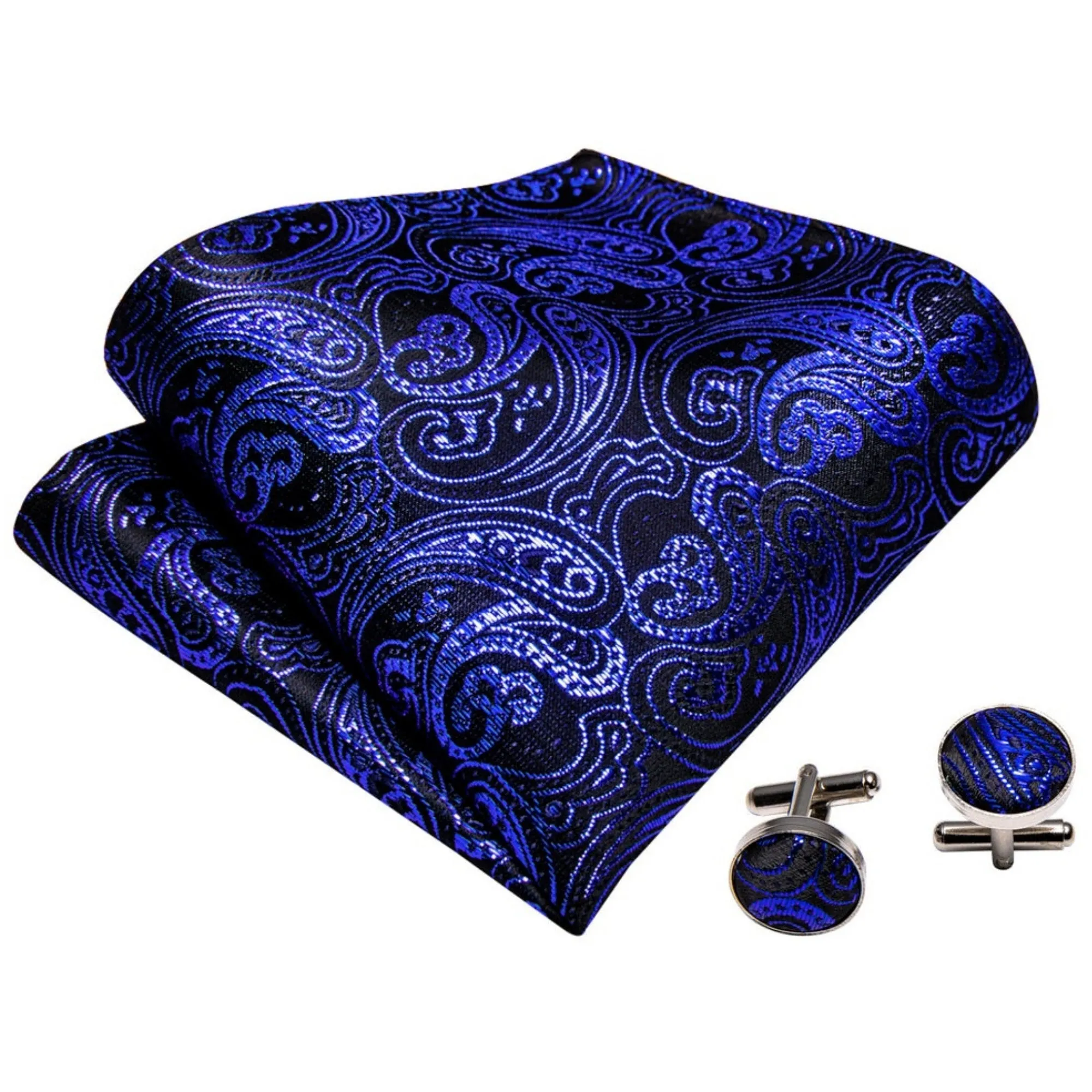 Men's Royal Blue Paisley 100% Silk Pre-Tied adjustable Bow Tie Pocket Square Cufflinks Set
