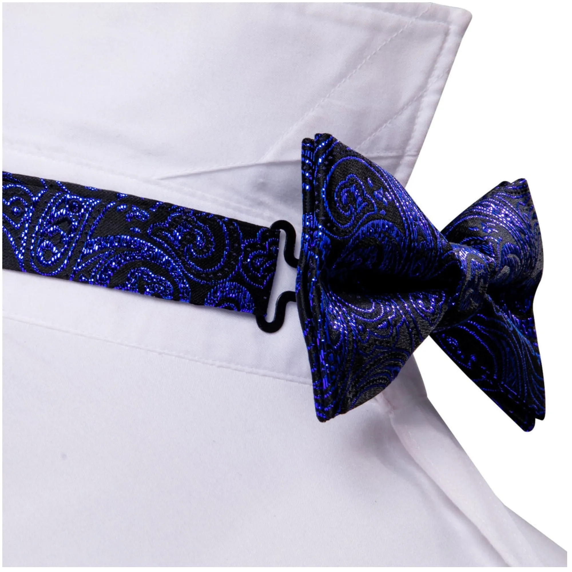 Men's Royal Blue Paisley 100% Silk Pre-Tied adjustable Bow Tie Pocket Square Cufflinks Set