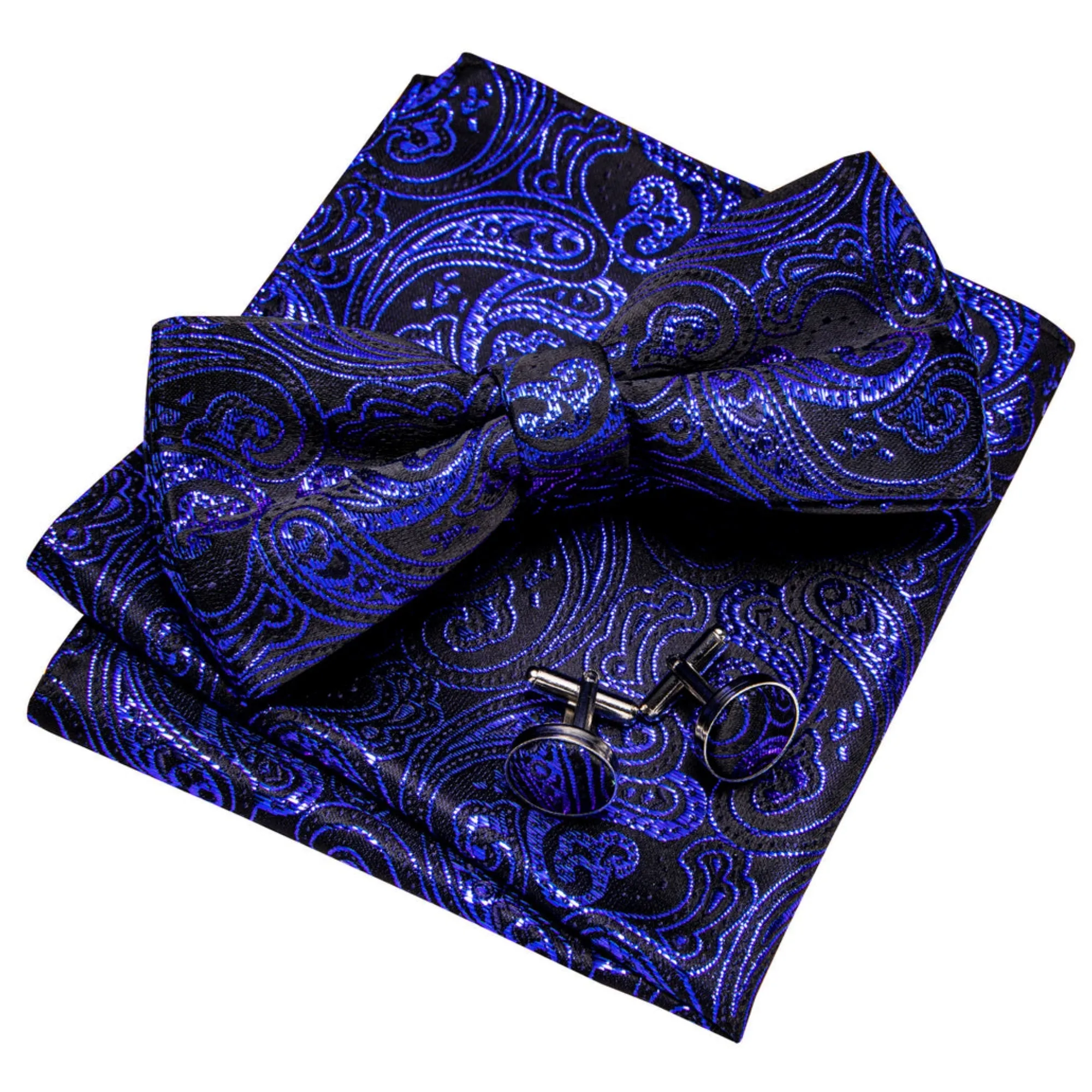 Men's Royal Blue Paisley 100% Silk Pre-Tied adjustable Bow Tie Pocket Square Cufflinks Set