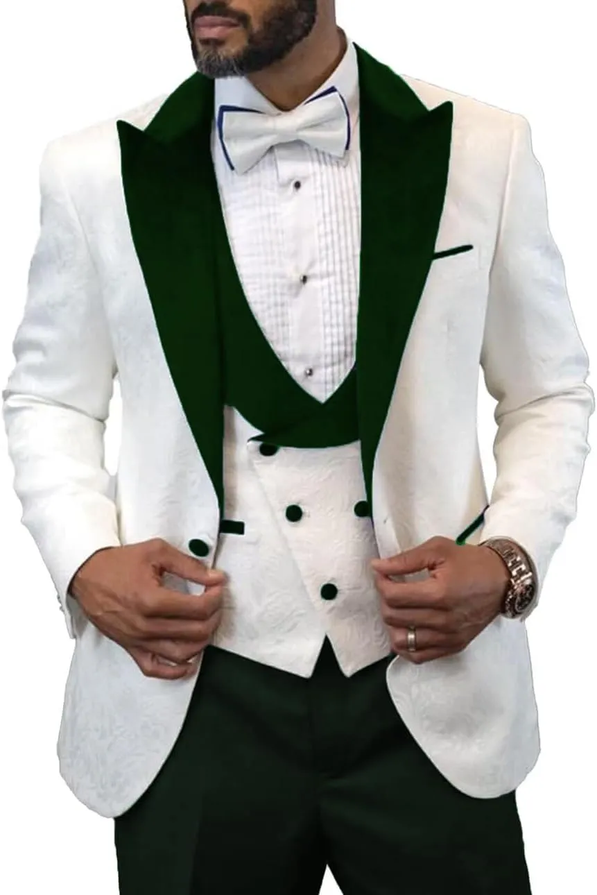 Men's Slim Fit Jacquard Suit 3 Pieces Wedding PromTuxedo Suit Formal One Button Blazer Pants and Vest Suit for Men
