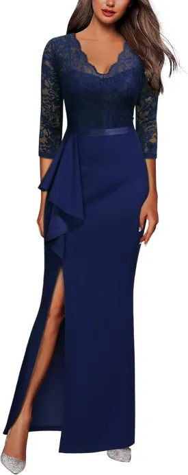 MISSMAY Women's Vintage Floral Lace Ruffle Half Sleeve Evening Party Formal Long Dress