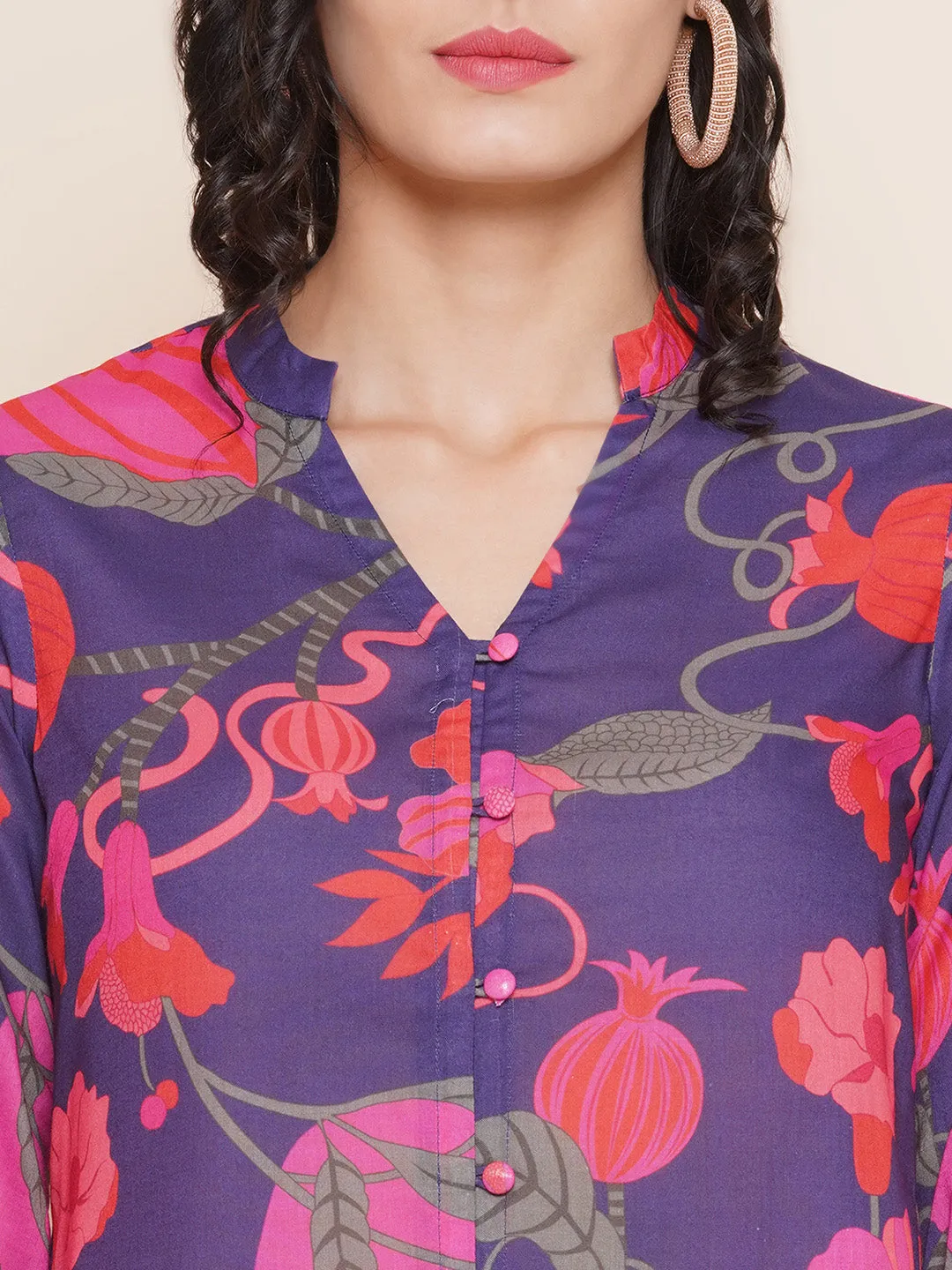 Purple Printed Shirt Style Top