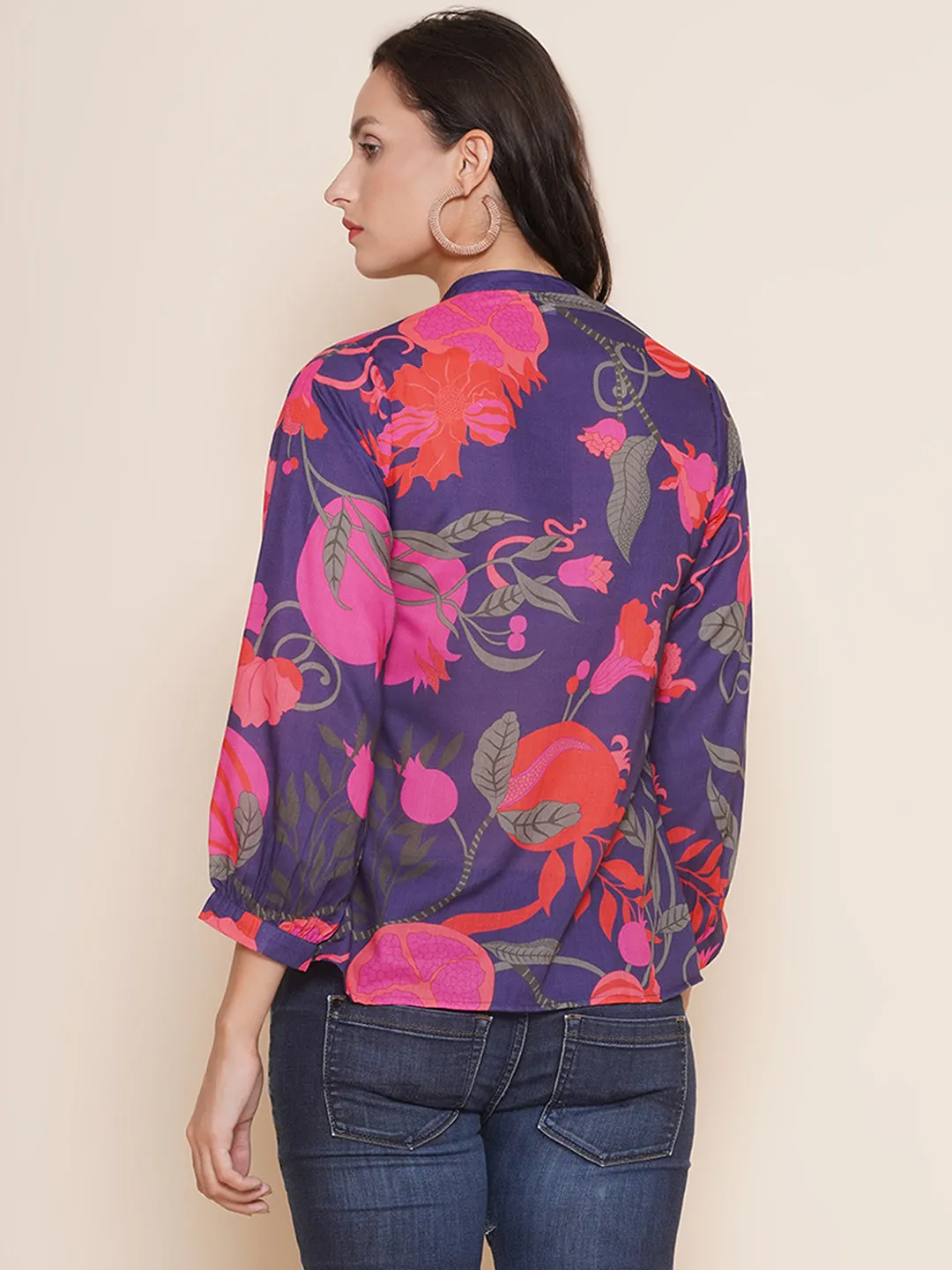 Purple Printed Shirt Style Top