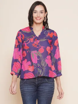 Purple Printed Shirt Style Top