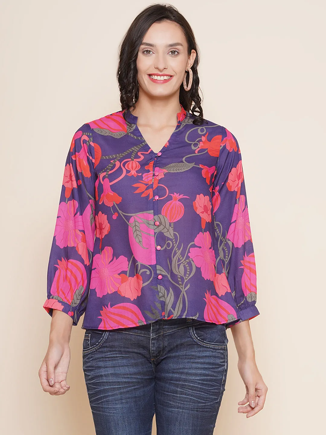 Purple Printed Shirt Style Top
