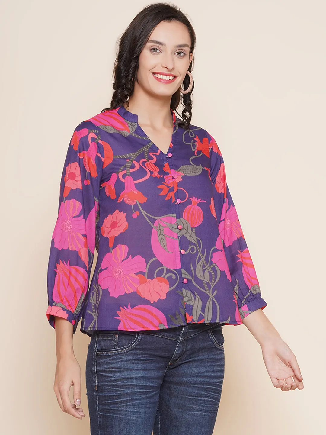 Purple Printed Shirt Style Top