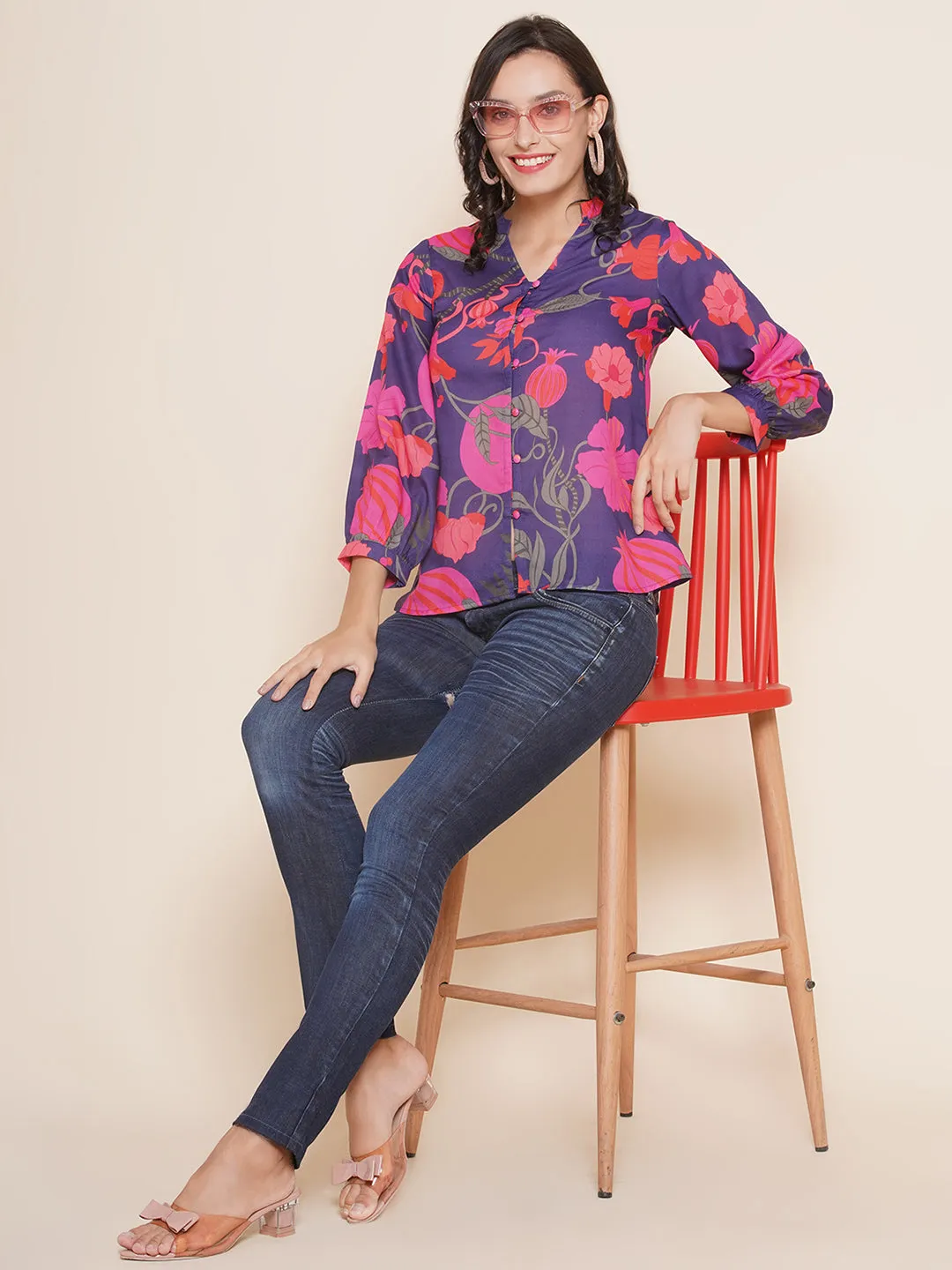 Purple Printed Shirt Style Top