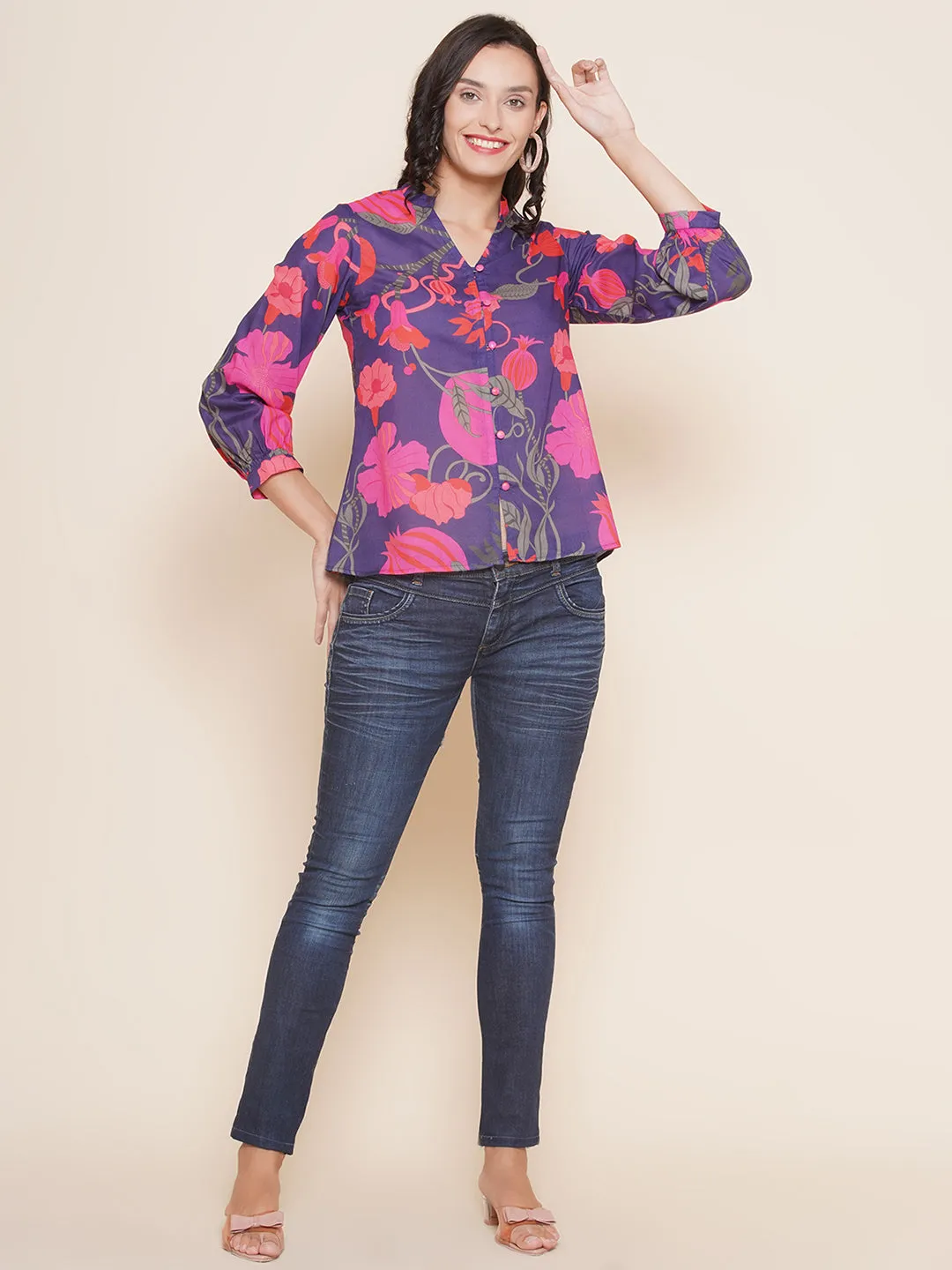 Purple Printed Shirt Style Top