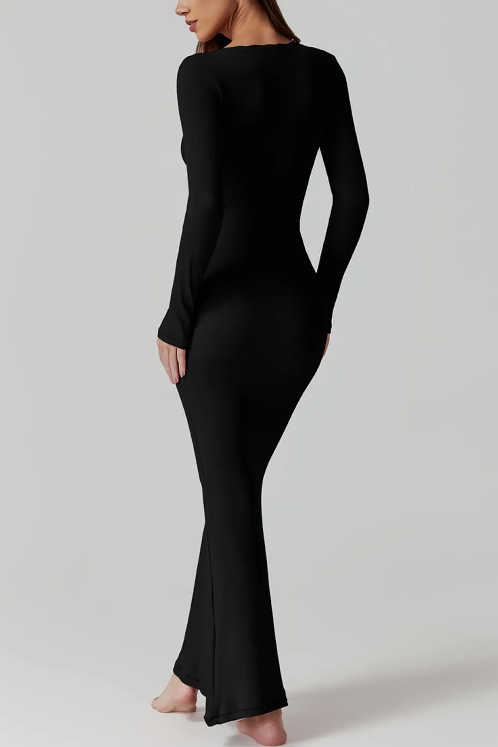 QINSEN Women's Ribbed Knit Long Sleeve Scoop Neck Maxi Dress with Lace Details Bodycon Dress