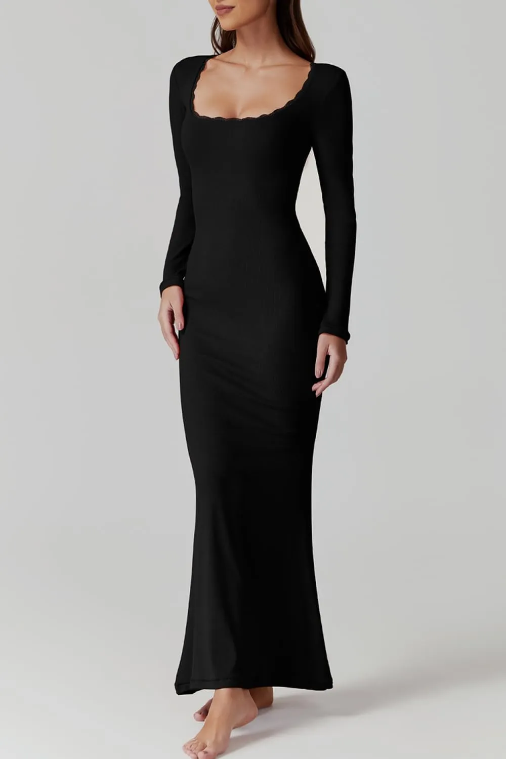 QINSEN Women's Ribbed Knit Long Sleeve Scoop Neck Maxi Dress with Lace Details Bodycon Dress